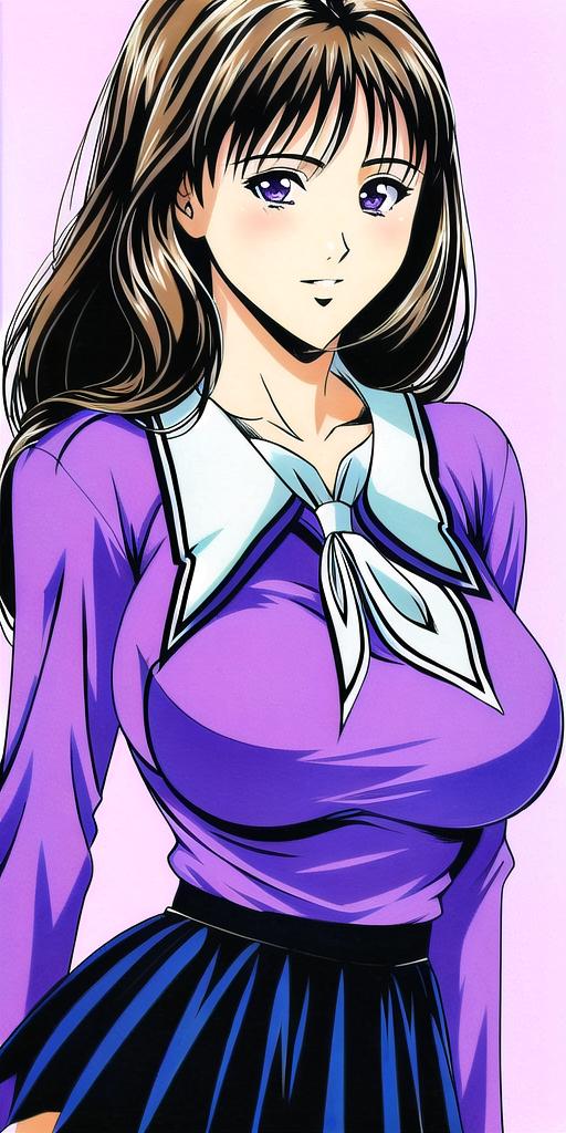 yoshizuki_iori, huge_breasts, standing, solo,  <lora:yoshizuki_ioriV4:1> school_uniform_purple_shirt_blue_skirt_white_neck...